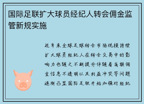 国际足联扩大球员经纪人转会佣金监管新规实施 国际足联扩大球员经纪人转会佣金监管新规实施
